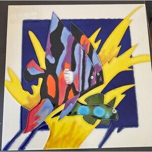 Tropical Fish Painting Ceramic Tile Wall Hanging Pop Art MCM Colorful Sea 12" Sq
